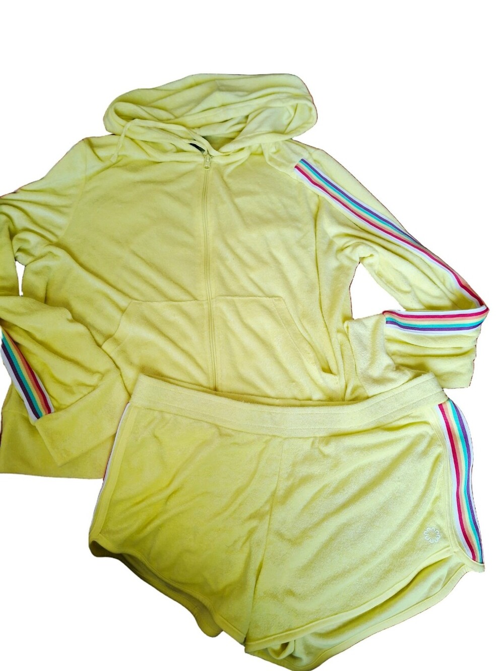 Vintage Pro Player Yellow Terry Cloth Rainbow Stripe Hoodie Sz XL Shorts Outfit